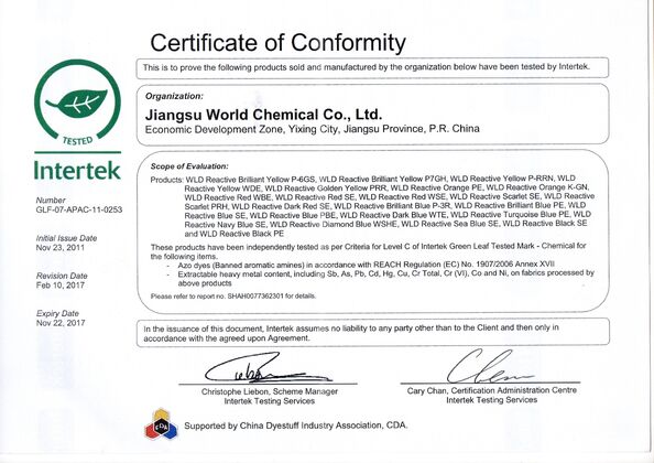 China Jiangsu World Chemical Co., Ltd certification